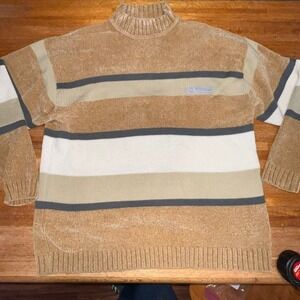 Brooklyn Xpress Men XL Brown Earthy Striped Mock Neck Knit Pullover Sweater